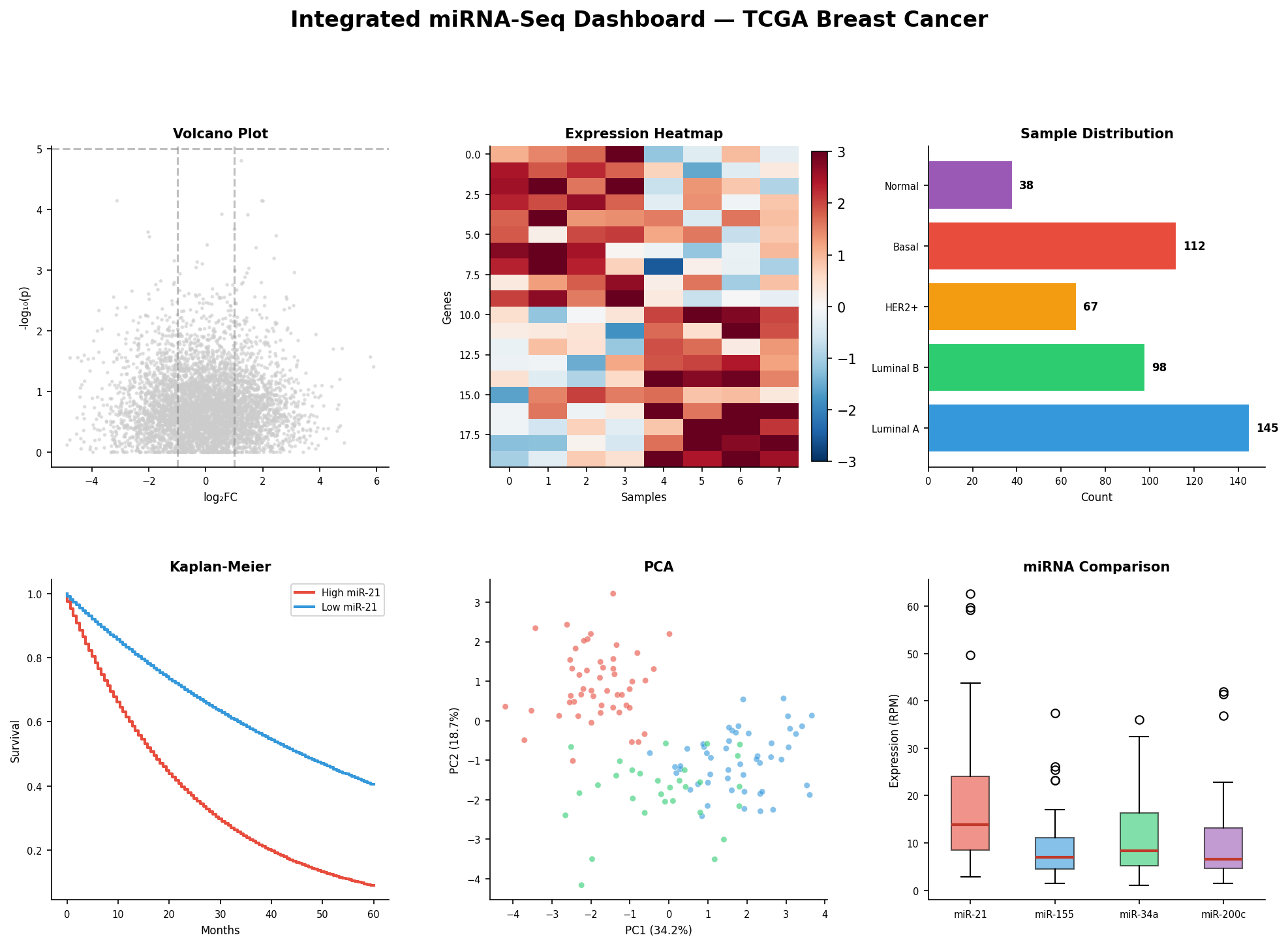 Integriertes miRNA-Seq Dashboard mit 6 Panels
