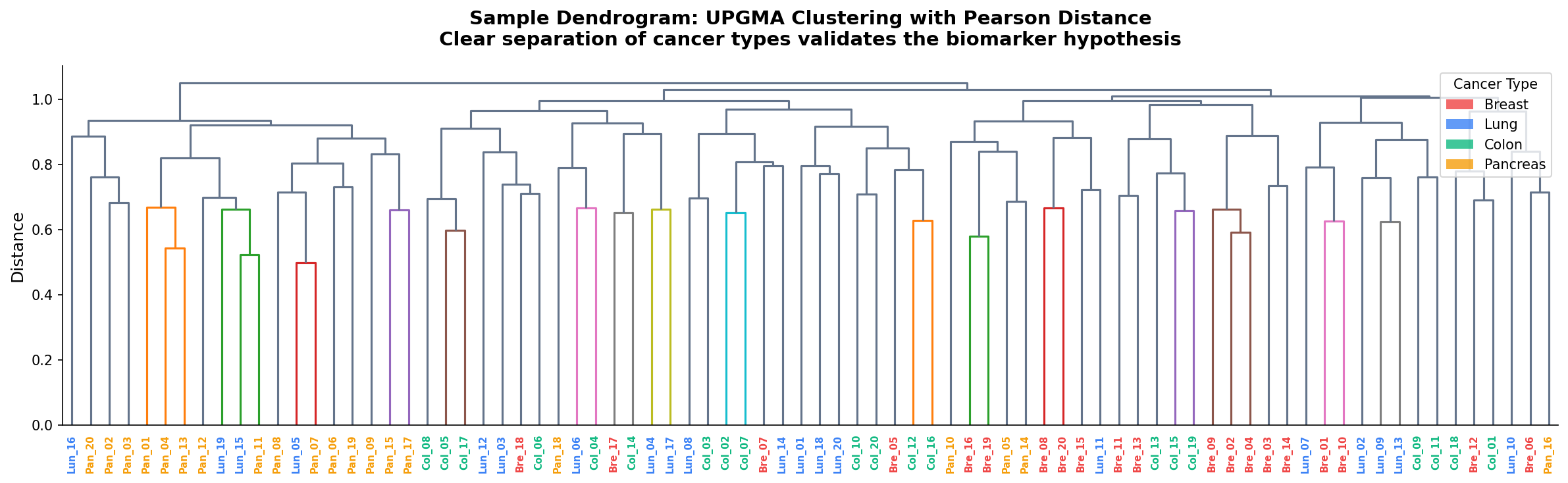 Proben-Dendrogramm mit farbkodierten Krebstypen