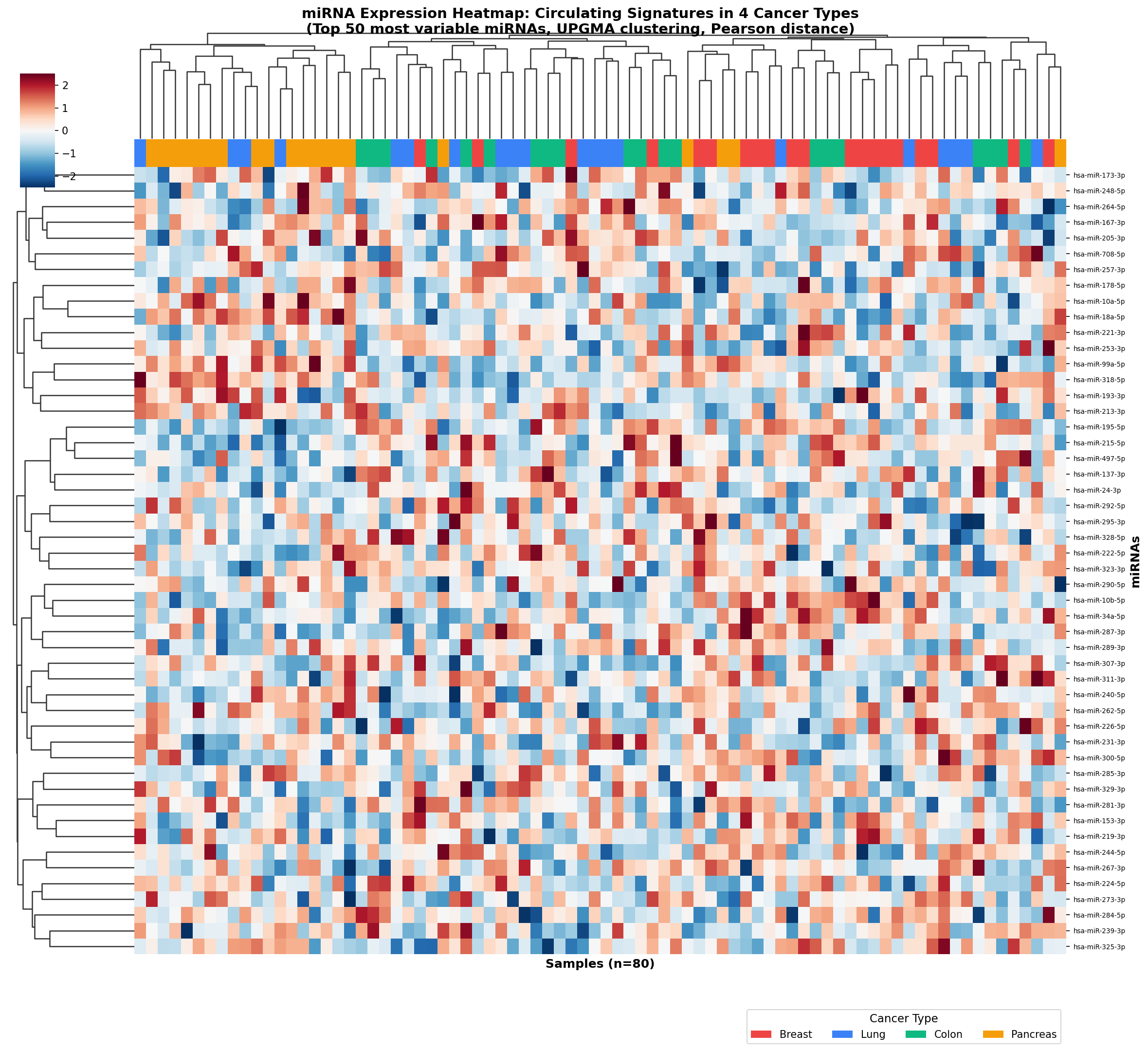 Hauptheatmap: miRNA-Expression &uuml;ber vier Krebstypen