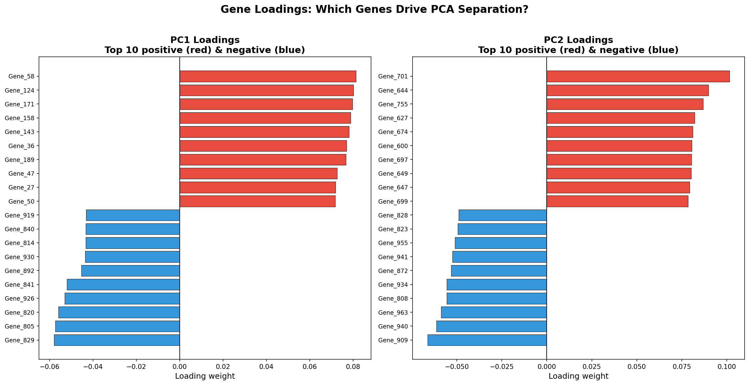 PCA-Loadings: Top-Gene für PC1 und PC2